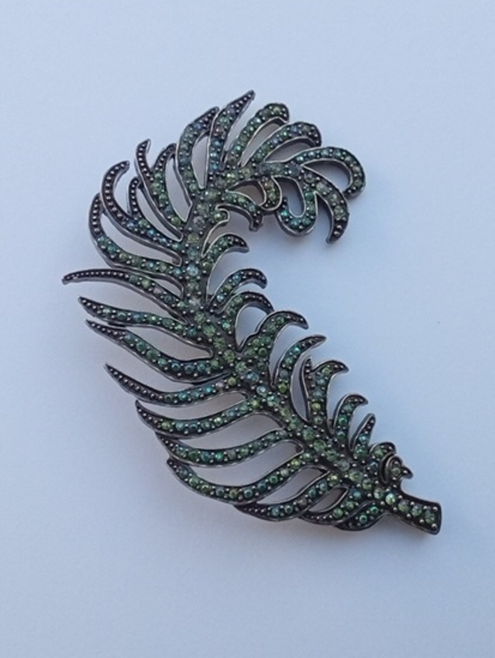 Vintage Bronze Tone Green AB Rhinestone Feather Brooch